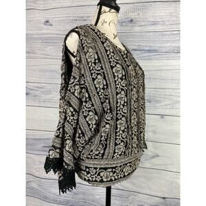 A'reve Floral Dolman Kimono Sleeve Top Women Size M Lace Ruffle Lined Mix Media